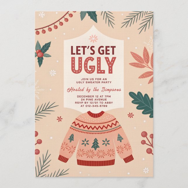 Convite Let's Get Ugly Retro Christmas Ugly Sweater Party (Frente)