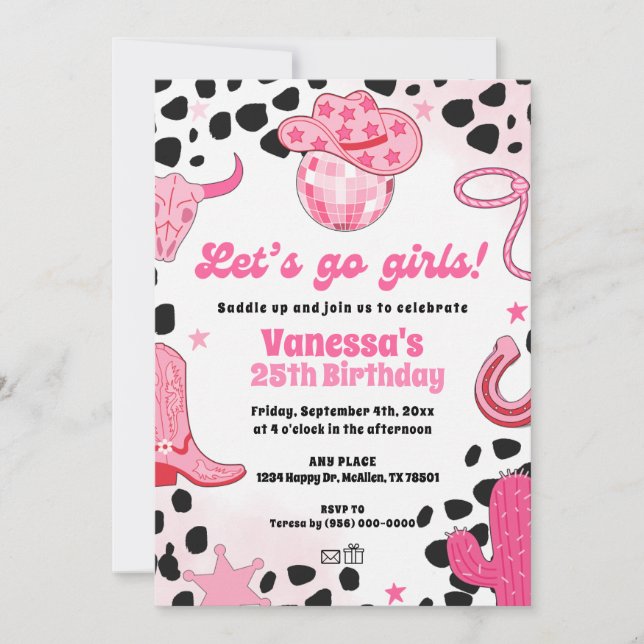 Convite Let's go Girls Disco Cowgirl Space Rodeo Birthday (Frente)