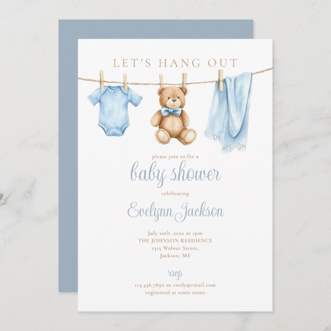 Convite Let's Hang Out Blue Boy Clothesline Baby Shower (Frente/Verso)