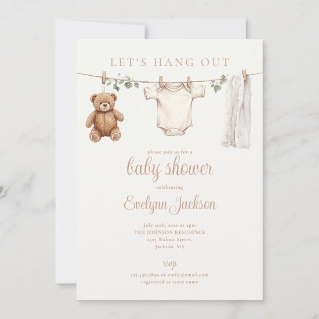 Convite Lets Hang Out Clothesline Neutral Baby Shower (Frente)