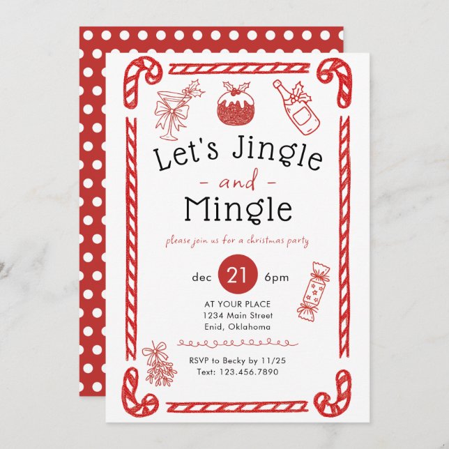 Convite Let's Jingle and Mingle Red Doodle Holiday Party (Frente/Verso)