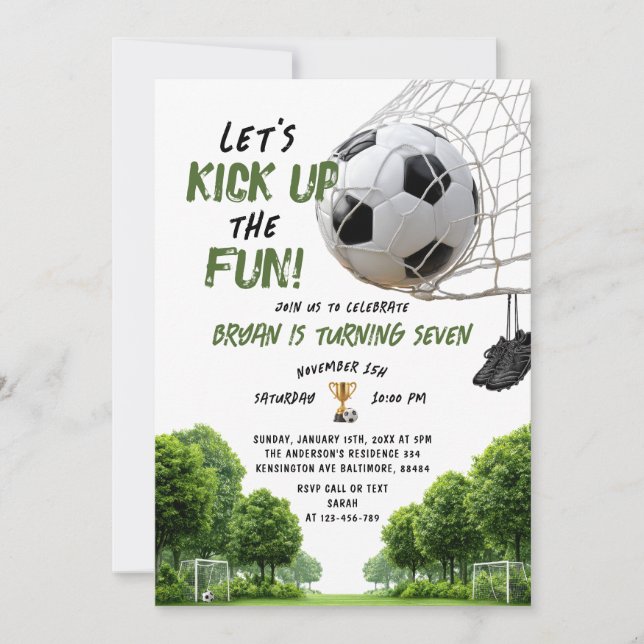 Convite Let's Kick Up the Fun Boy Kids Soccer Birthday (Frente)