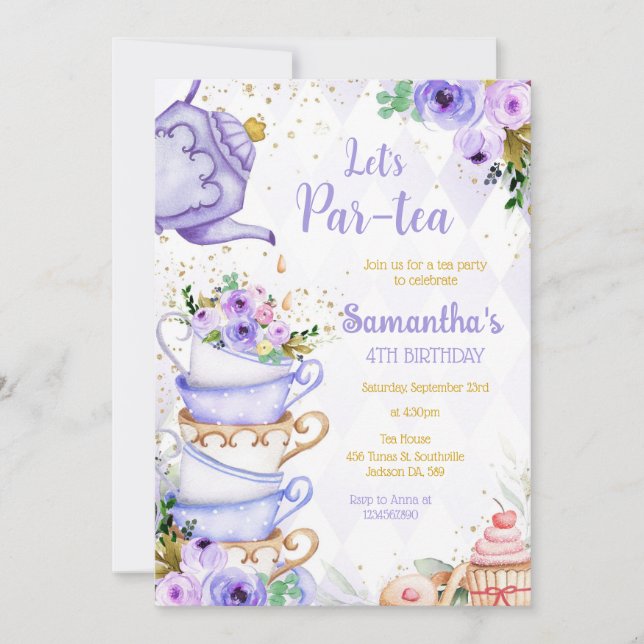 Convite Let's Par-tea Birthday Tea Party Invitation (Frente)