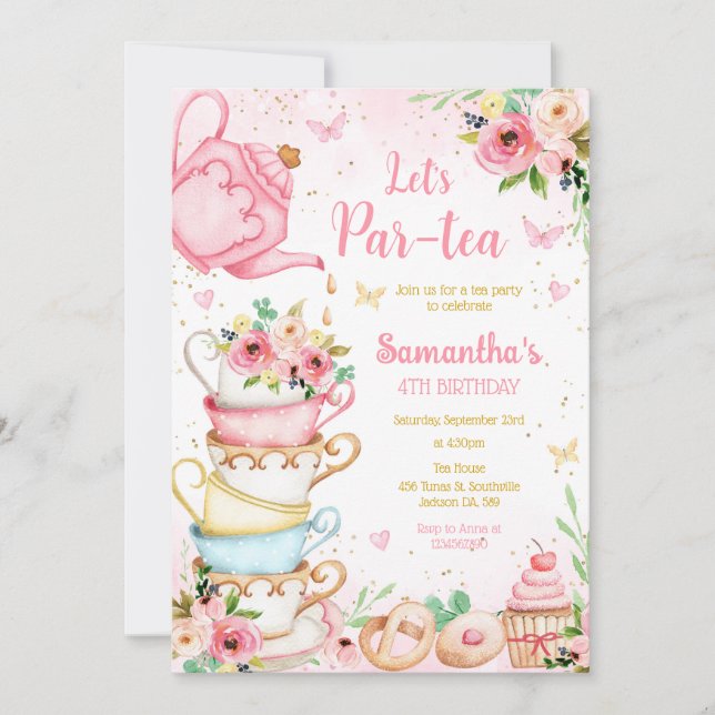 Convite Let's Par-tea Birthday Tea Party Invitation (Frente)