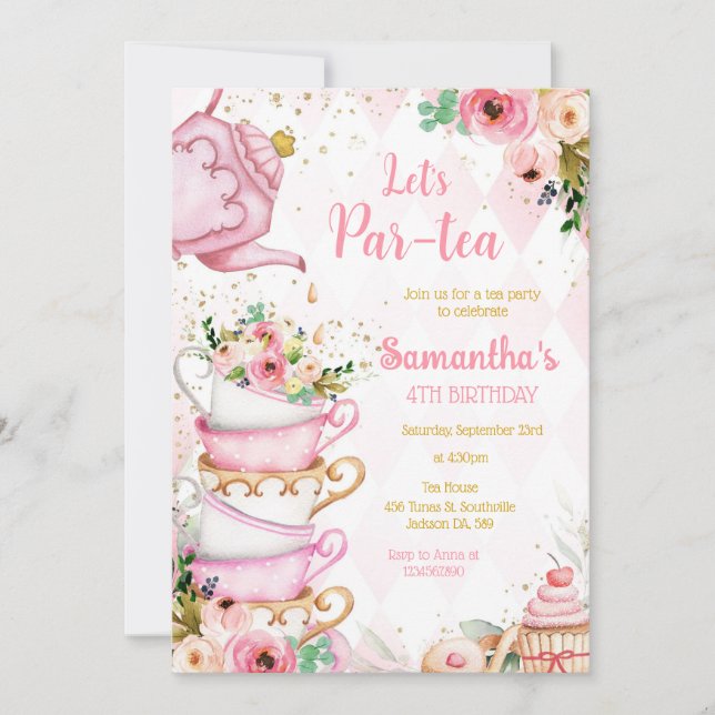 Convite Let's Par-tea Birthday Tea Party Invitation (Frente)