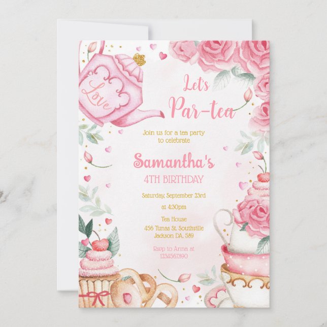 Convite Let's Par-tea Birthday Tea Party Invitation (Frente)