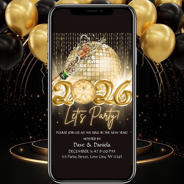 Convite Lets Party Black Gold New Year Eve 2026 Invitation (Criador carregado)