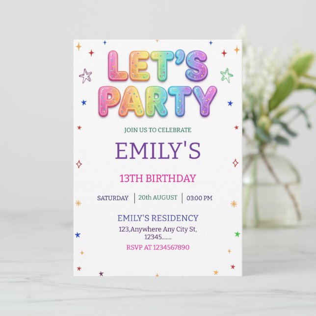 Convite Let's Party Colorful Birthday Party (Em pé/Frente)