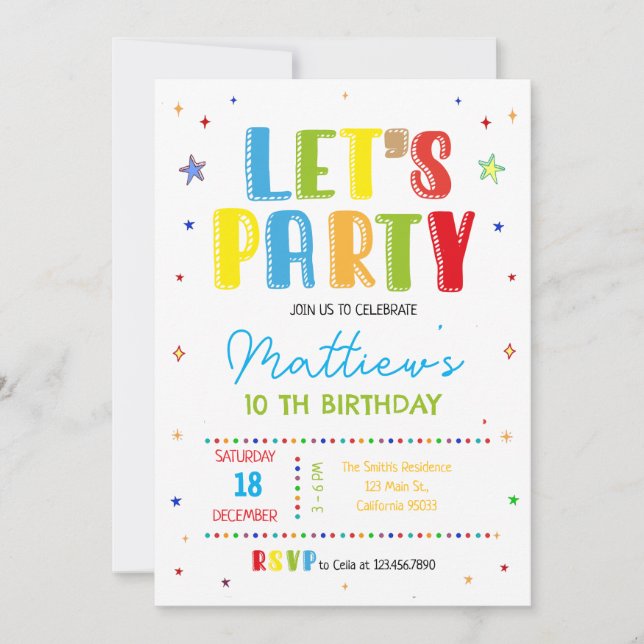 Convite Let's party colorful birthday party (Frente)