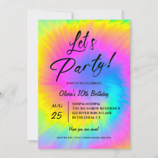 Convite Let's Party Colorful Tie Dye birthday