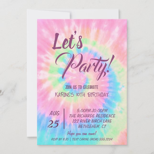 Convite Let's Party, Pink Tie Dye birthday (Frente)