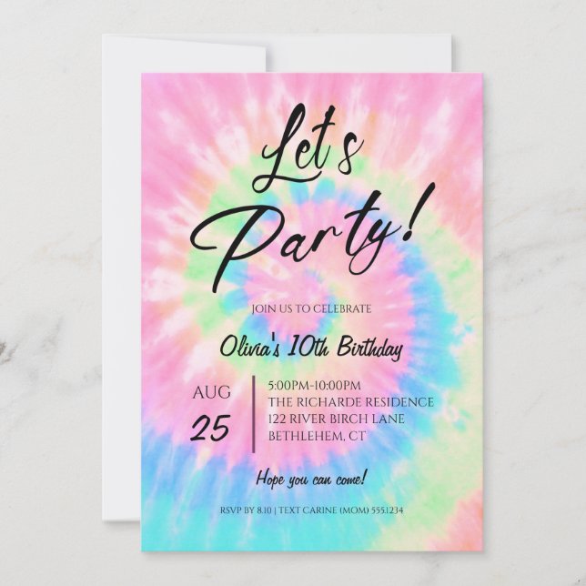 Convite Let's Party, Pink Tie Dye birthday party (Frente)