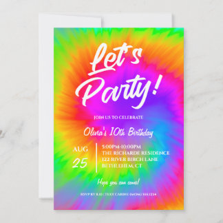 Convite Let's Party Vibrant Tie Dye birthday