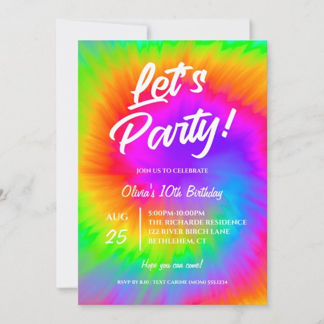 Convite Let's Party Vibrant Tie Dye  birthday  (Frente)