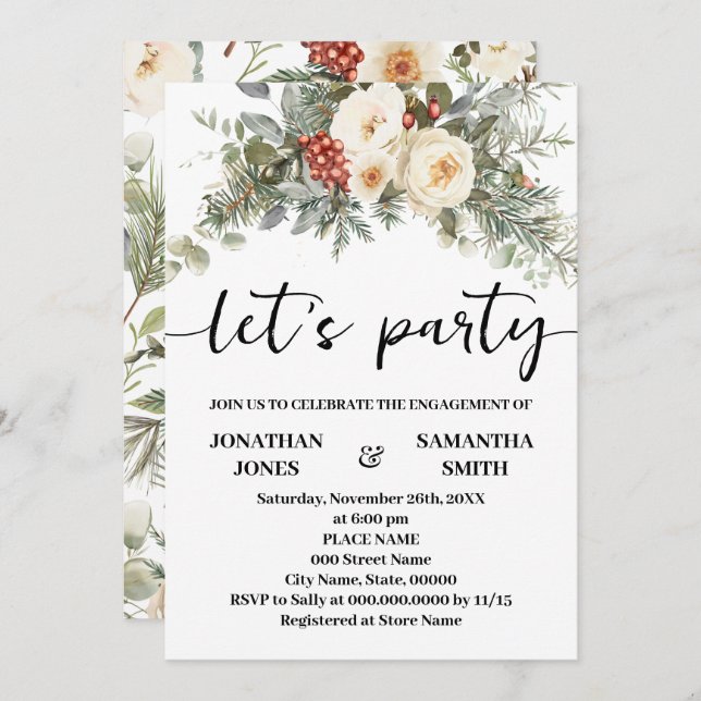 Convite Let's Party Winter White Flowers Engagement (Frente/Verso)