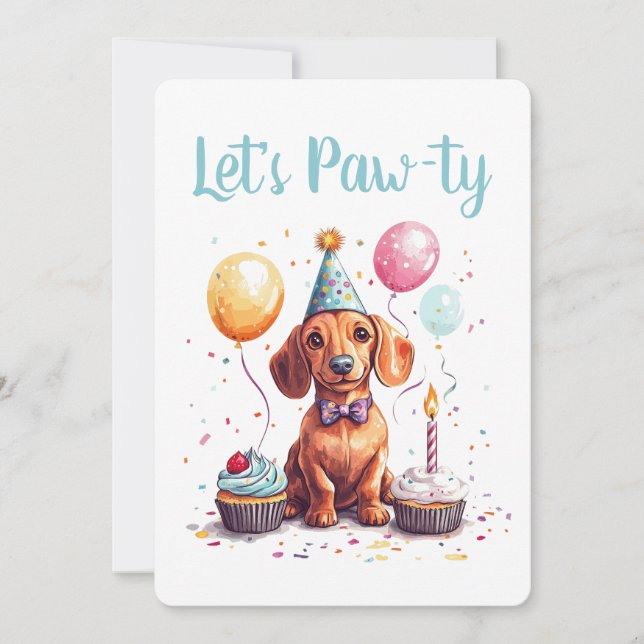 Convite Let's Pawty Birthday Dachshund Dogs (Frente)