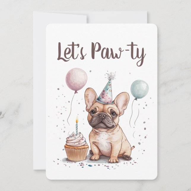 Convite Let's Pawty Birthday French Bulldog (Frente)