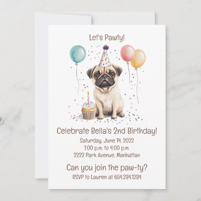 Convite Let's Pawty Birthday Pug Dogs Cupcake (Frente)