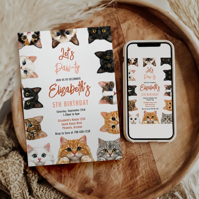 Convite Let's Pawty Cat 5th Birthday | Custom Birthday Kid (Let's Pawty Cat 5th Birthday | Birthday Kid Invitation
)