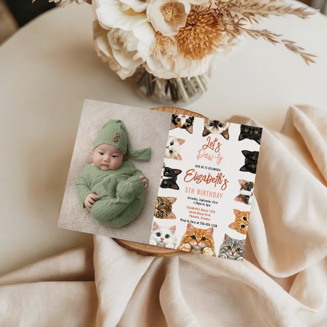 Convite Let's Pawty Cat 5th Birthday | photo Birthday Kid (Let's Pawty Cat 5th Birthday | photo Birthday Kid Invitation
)