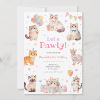 Convite Let's Pawty Cat Kitten Birthday Party Invitation