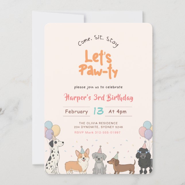 Convite Lets Pawty Watercolor Cute Puppy Dog Pet Birthday (Frente)