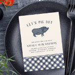 Convite Let's Pig Out | Summer BBQ Birthday Party<br><div class="desc">Hosting a BBQ or pig roast birthday party? Invite guests to "pig out" with you with these cool party invitations featuring a vintage style hog illustration and "let's pig out" arched across the top in black lettering. Add your event details beneath using the template fields provided. A plaid bottom border...</div>