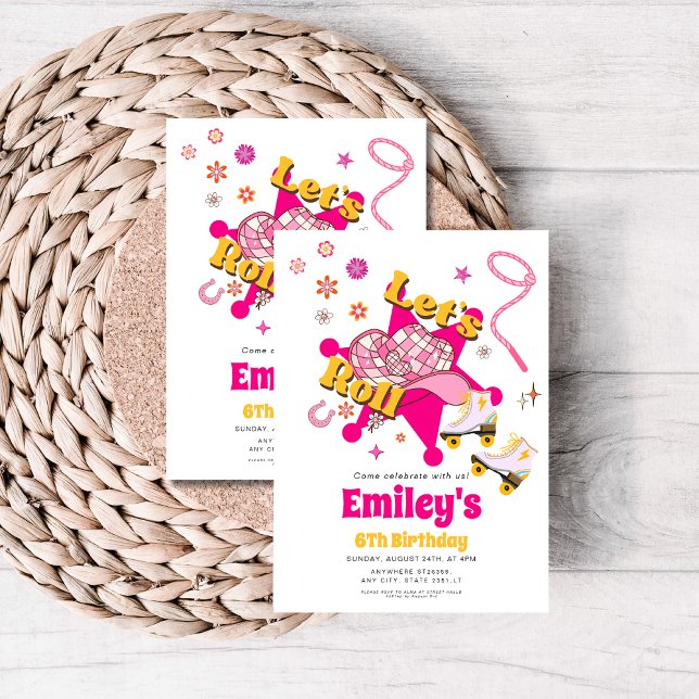 Convite Let's Roll Girl Cowgirl roller skate Birthday  (Criador carregado)