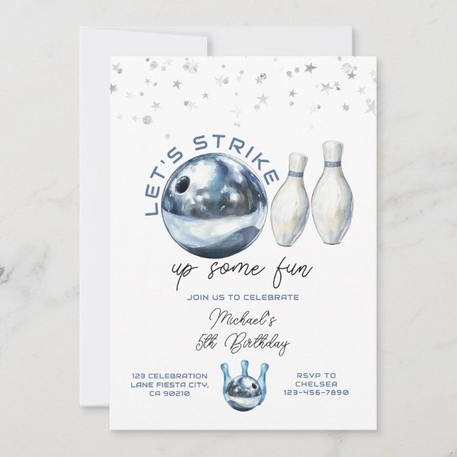 Convite Let's Strike Boy 5th Galaxy bowling birthday party (Frente)