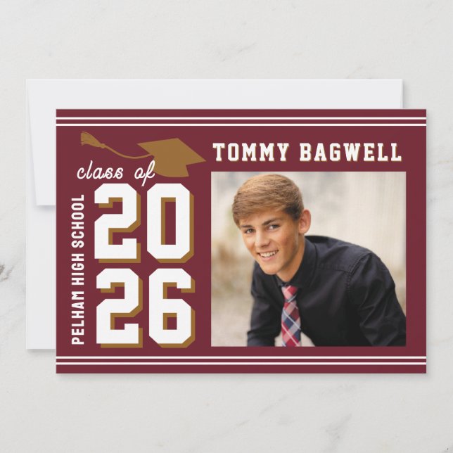 Convite LETTERMAN GRAD MAROON Announcement & Invitation (Frente)