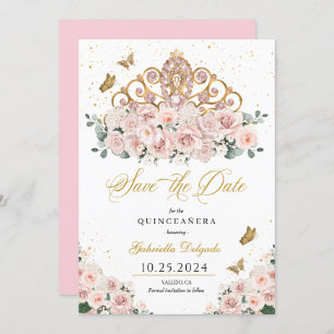Convite Leve Rosa E Dourada Tiara Salve A Data Quinceañera