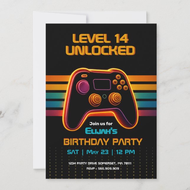 Convite Level Up Gamer Birthday Invitation – Neon Game (Frente)
