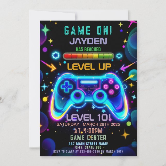 Convite Level Up Gamer Birthday Invitation – Neon Game (Frente)