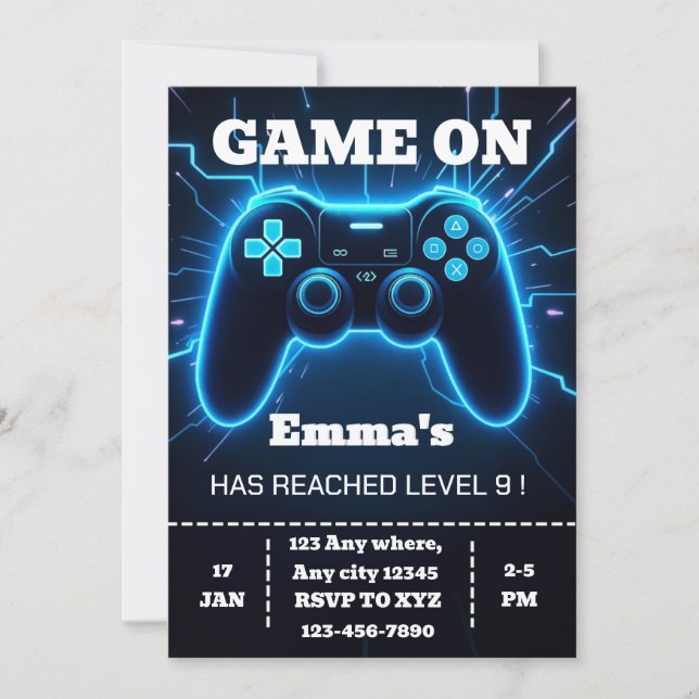 Convite Level Up Gamer Birthday Invitation – Neon Game (Frente)