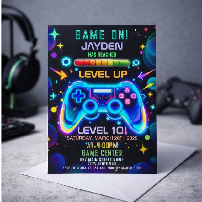 Convite Level Up Gamer Birthday Invitation – Neon Game (Criador carregado)