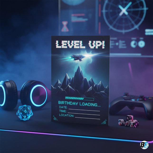 Convite Level Up Gamer Space Sci-Fi Glitch Birthday (GAMING BIRTHDAY CARD)