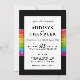 Convite LGBTQ Rainbow Black Chic Modern Wedn Glitter