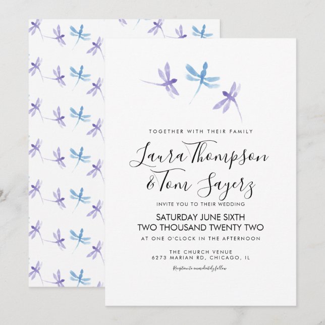 Convite Libélula Aquarela Casamento Escrita Elegante (Frente/Verso)