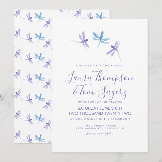 Convite Libélula Aquarela Casamento Escrita Elegante  (Frente/Verso)