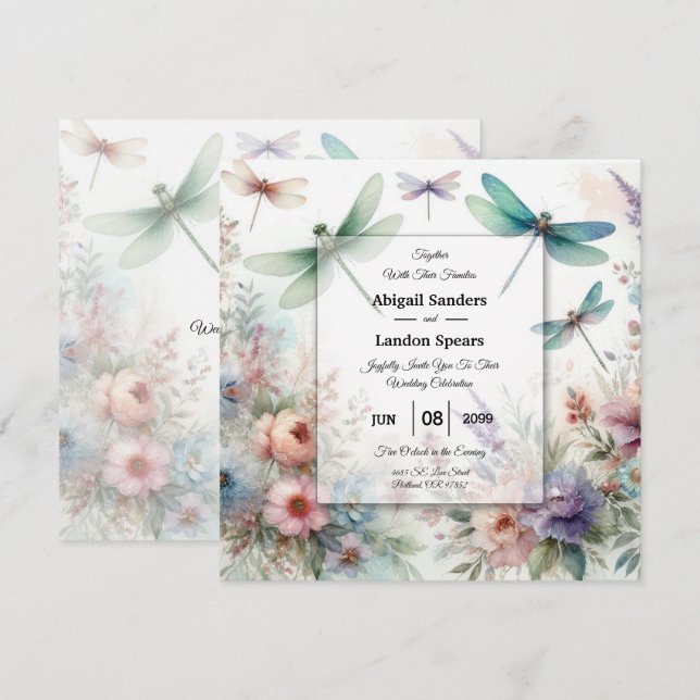 Convite Libélulas e Florais Pastéis Casamento (Frente/Verso)