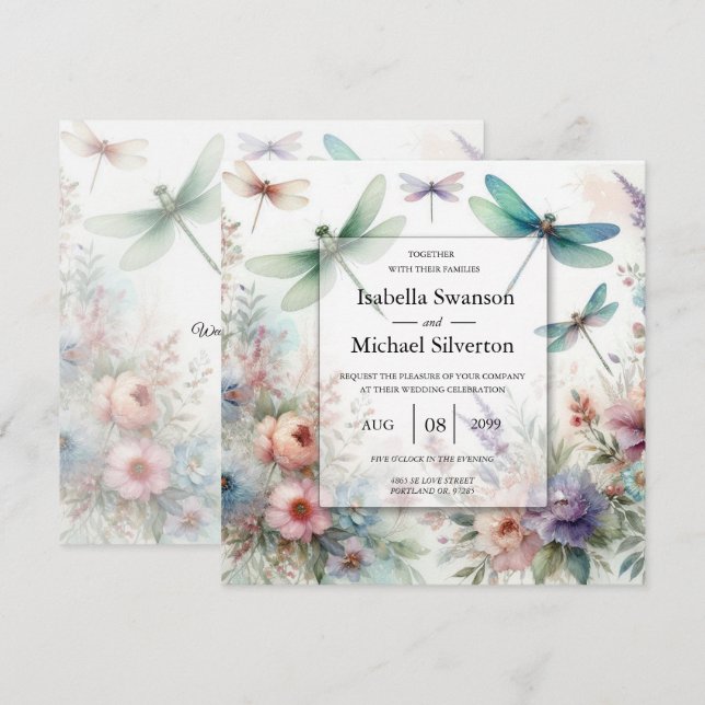 Convite Libélulas e Florais Pastéis Casamento (Frente/Verso)