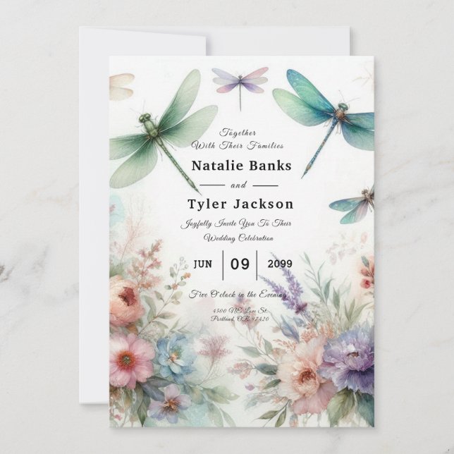 Convite Libélulas e Florais Pastel Casamento (Frente)