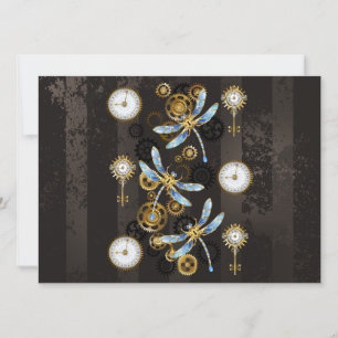 Convite Libélulas Steampunk em fundo listrado marrom