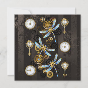 Convite Libélulas Steampunk em fundo listrado marrom