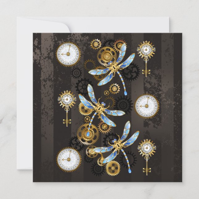 Convite Libélulas Steampunk em fundo listrado marrom (Frente)