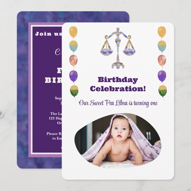 Convite Libra 1st Birthday Photo Impressionist Gold (Frente/Verso)