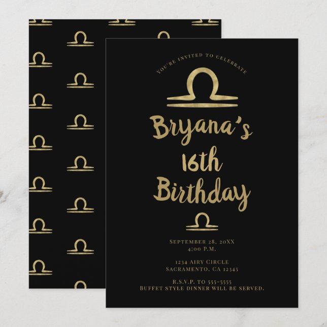 Convite LIBRA Ouro Setembro Outubro Aniversário Astrologia (Frente/Verso)