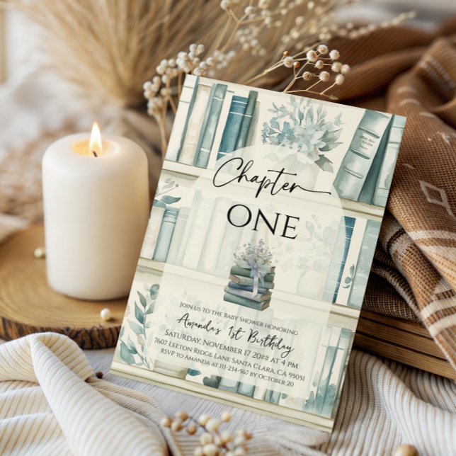 Convite Library Chapter ONE Blue Boy Book 1st Birthday (Criador carregado)