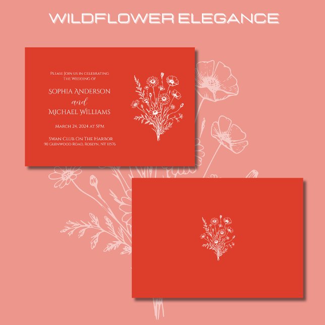Convite Licença de Elegância de Flores Selvagens de Laranj (Wildflower Elegance Wedding Invitations-Red Orange-Rustic, bohemian, country
)