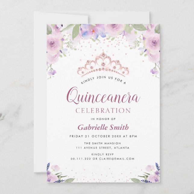 Convite licitação de Quinceanera floral de tiara roxa (Frente)